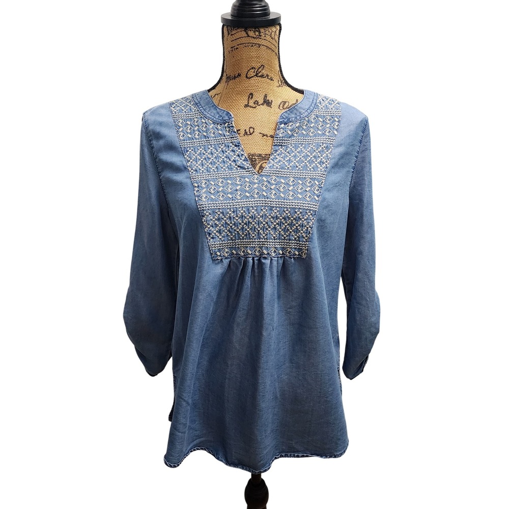 Multiples Embroidered Denim Tunic‎ Top Womens Small 3/4 Sleeve Casual Boho